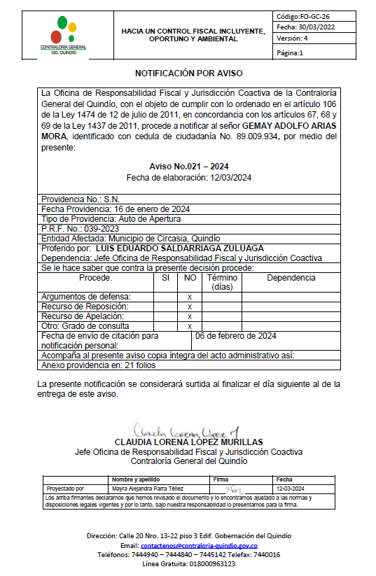 AVISO GEMAY ADOLFO ARIAS PRF-039-2023